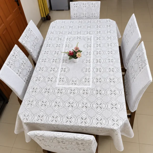 6-Seater White Lace Pattern Dining Table Cover – 90 × 60 Inch