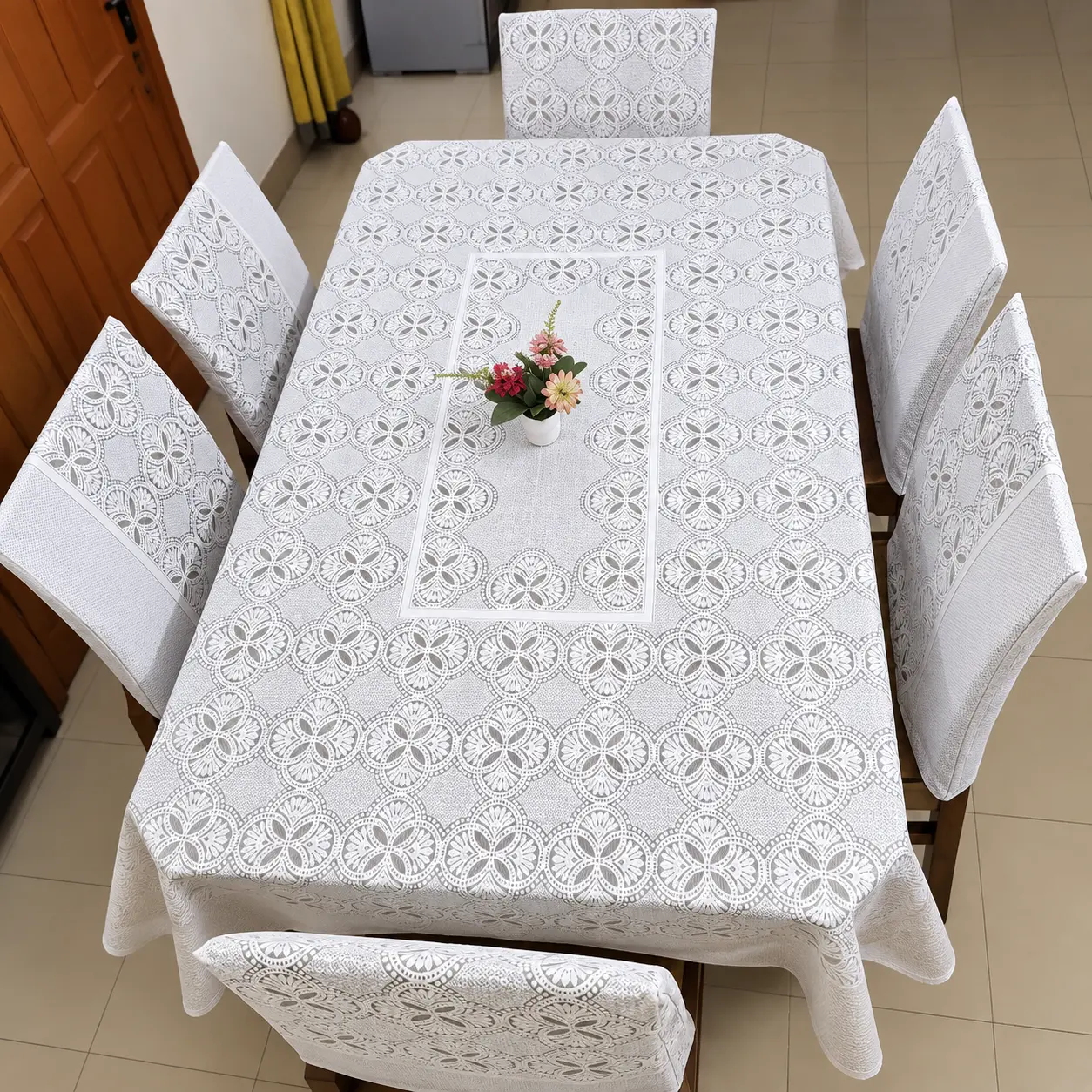 ChatGPT Image Sep 12, 2026, 05_59_34 PM 6-Seater White Lace Pattern Dining Table Cover – 90 × 60 Inch - Image 1