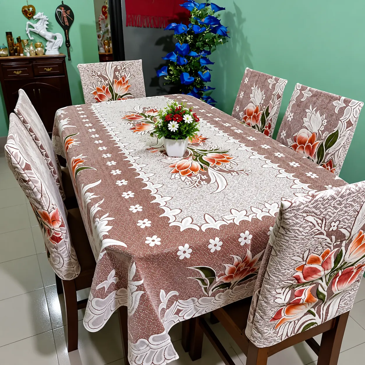 ChatGPT Image Sep 12, 2026, 05_59_37 PM 6-Seater Floral Dining Table Cover – Brown & Orange, 90 × 60 Inch - Image 1