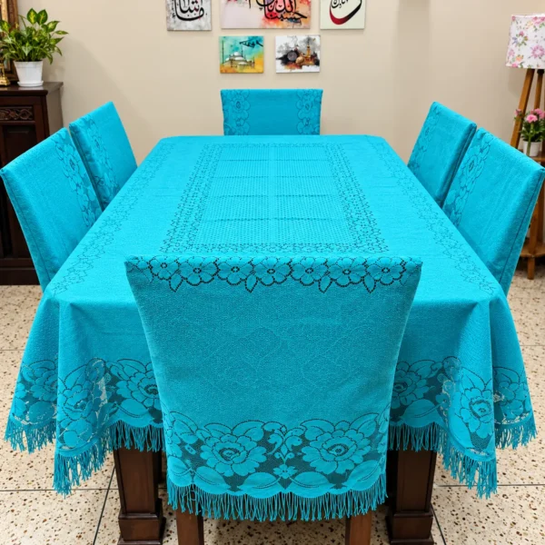 6-Seater Turquoise Floral Dining Table Cover – 90 × 60 Inch