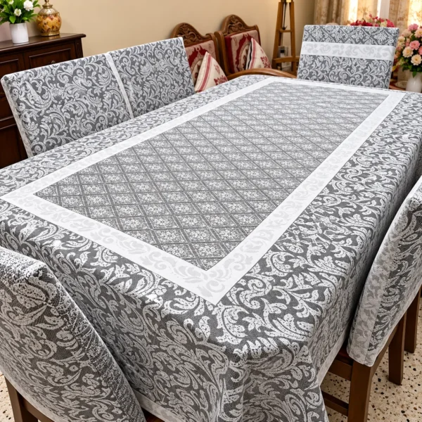 6-Seater Grey & White Elegant Dining Table Cover – 90 × 60 Inch