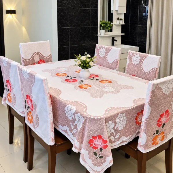 6-Seater Floral Dining Table Cover – Peach & White, 90 × 60 Inch