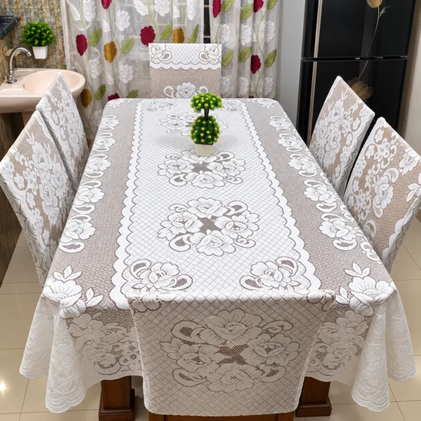 6-Seater Elegant Floral Dining Table Cover – White & Beige, 90 × 60 Inch