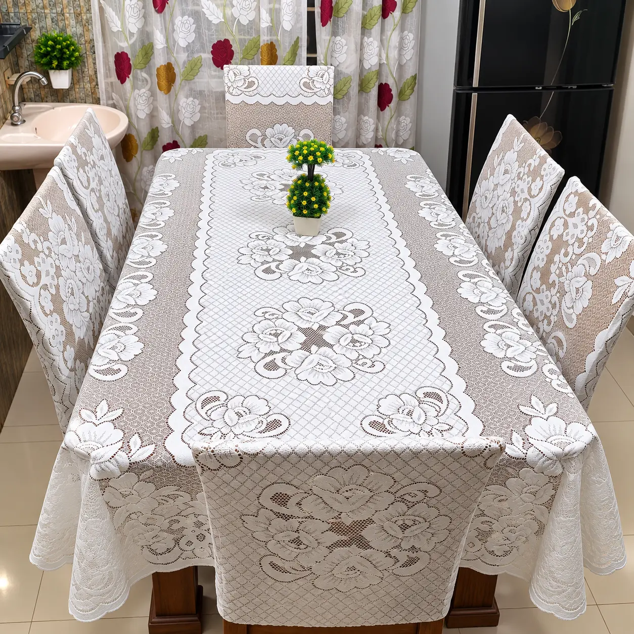 ChatGPT Image Sep 12, 2026, 05_59_52 PM 6-Seater Elegant Floral Dining Table Cover – White & Beige, 90 × 60 Inch - Image 1