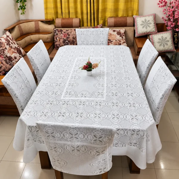 6-Seater White Floral Dining Table Cover – 90 × 60 Inch
