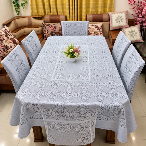 6-Seater Elegant White Floral Dining Table Cover – 90 × 60 Inch