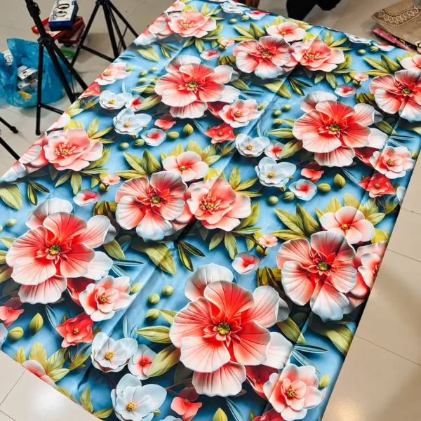 Premium Floral Bedsheet – Elegant Blue & Peach Flower Printed Double Bedsheet