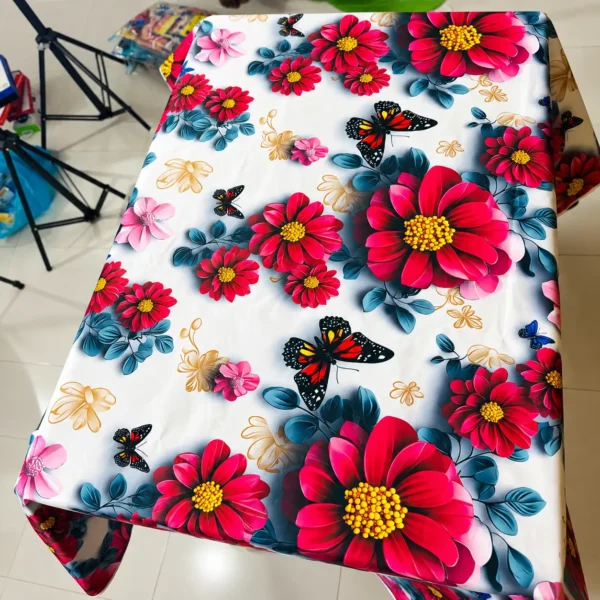 Premium Floral Bedsheet – White Base with Red & Pink Flower and Butterfly Print