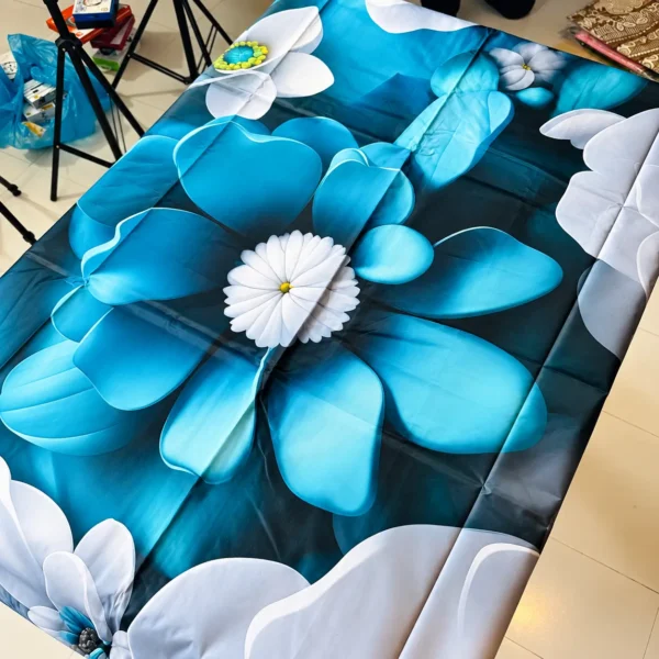 Premium Blue Floral Bedsheet – Elegant White & Turquoise Flower Printed Double Bedsheet