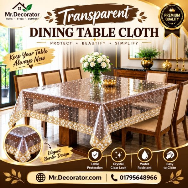6 Seater Dot Flower Desing Golden Lace water Transparent Table Cloth