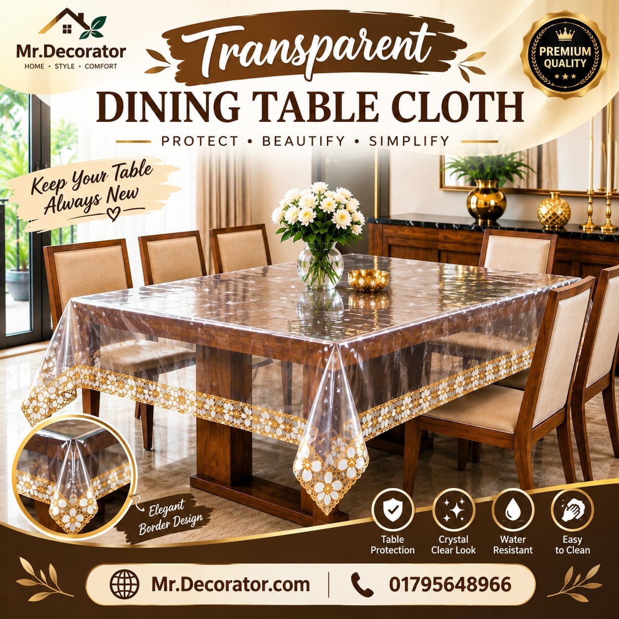 WhatsApp Image 2026-09-11 at 12.32.38 AM (1) 6 Seater Golden Lace water Transparent Table Cloth - Image 1