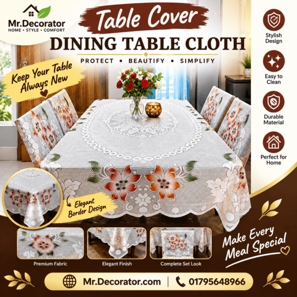 Big Flower Desing 6 - Seater Dining Table Cover 90/60 Inch (Colour - light Gray)