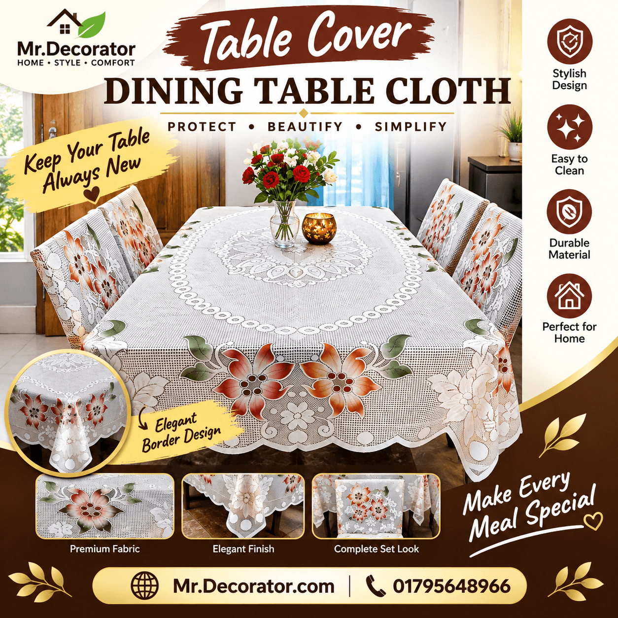 file_0000000035788207857453d01bc386e9 Big Flower Desing 6 - Seater Dining Table Cover 90/60 Inch (Colour - light Gray) - Image 1