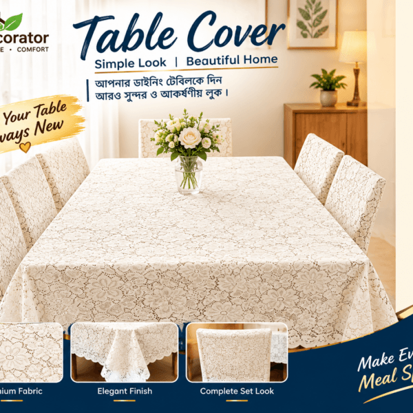 Velley Flower Desing 6 - Seater Dining Table Cover 90/60 Inch (Colour - Off White)