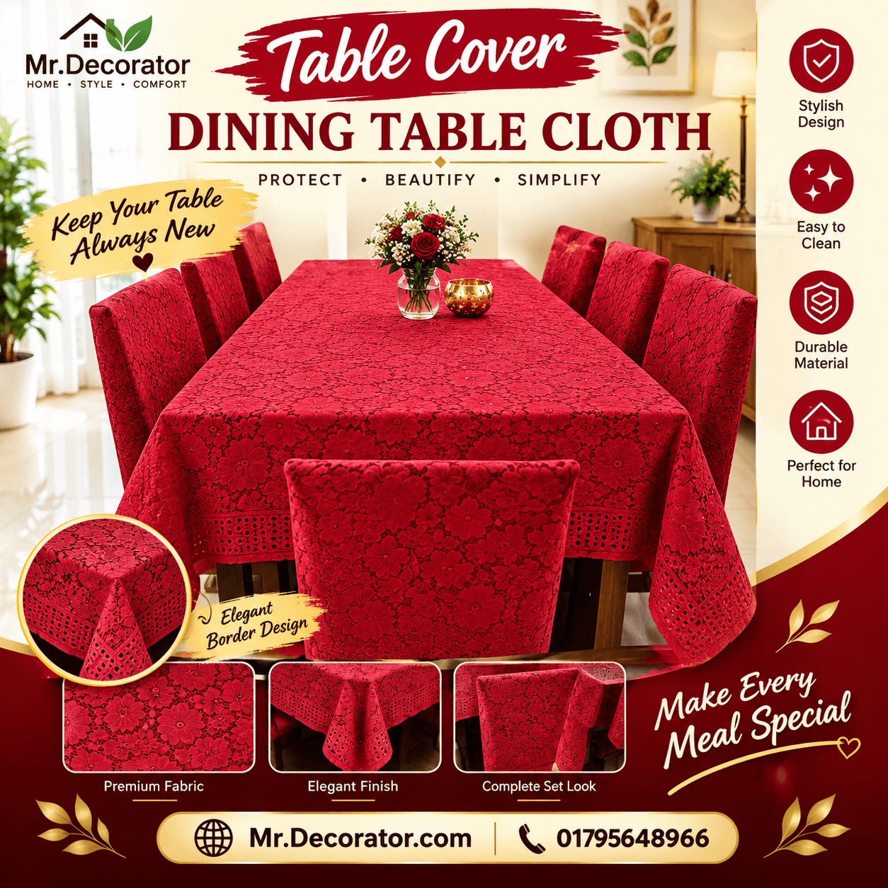 file_00000000a8d08211a828006c2383758d Velley Flower Desing 6 - Seater Dining Table Cover 90/60 Inch (Colour - Meroon) - Image 1