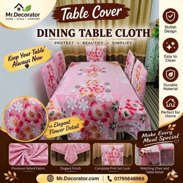 Shurma Flower Desing 6 - Seater Dining Table Cover 90/60 Inch (Colour - Pink)