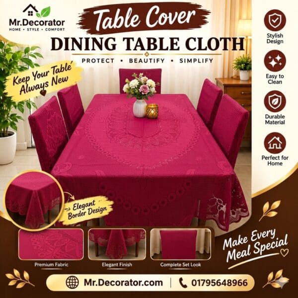 Big Flower Desing 6 - Seater Dining Table Cover 90/60 Inch (Colour - Meroon))