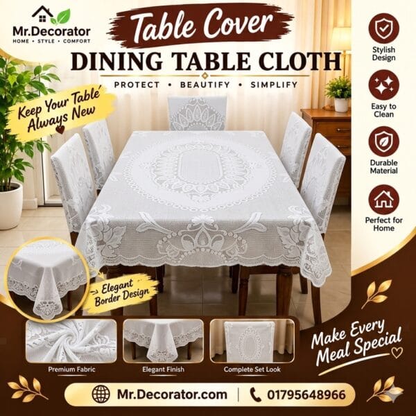 Big Flower Desing 6 - Seater Dining Table Cover 90/60 Inch (Colour - White)