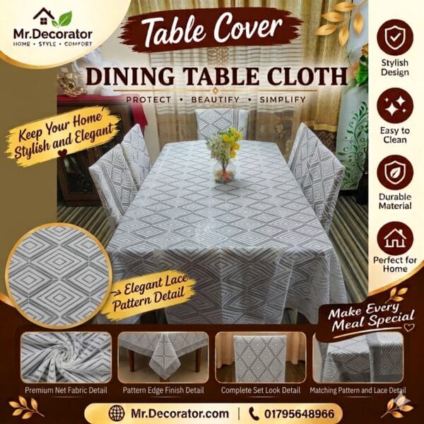 Triangle Design 6 - Seater Dining Table Cover 90/60 Inch (Colour - White)