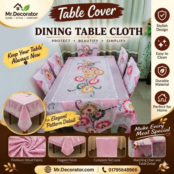 Chivas Flower Desing 6 - Seater Dining Table Cover 90/60 Inch (Colour - Pink)