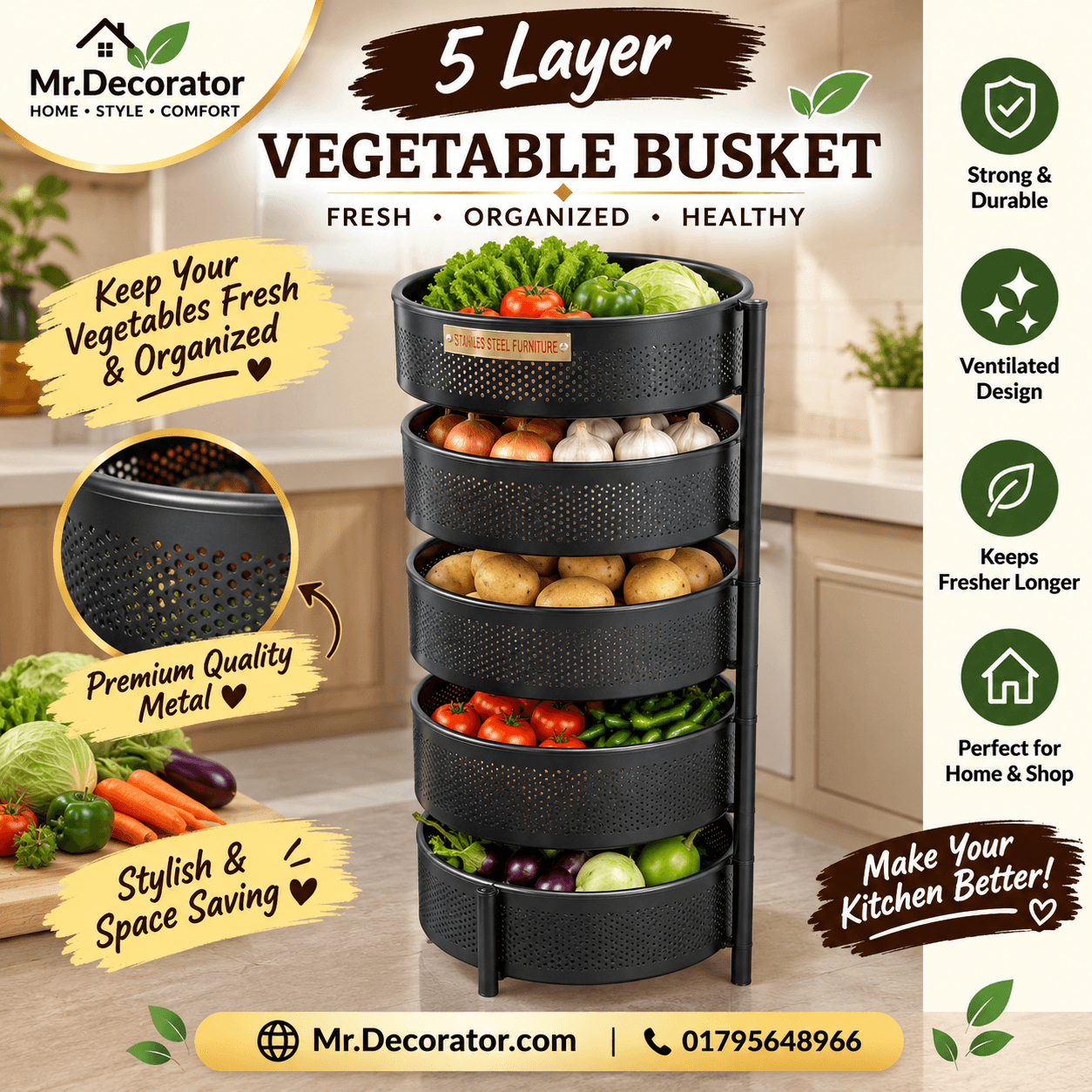 file_00000000669c8246beece06d138cac47 5 Layer Round Shape Vegetable Basket Black Colour - Image 1